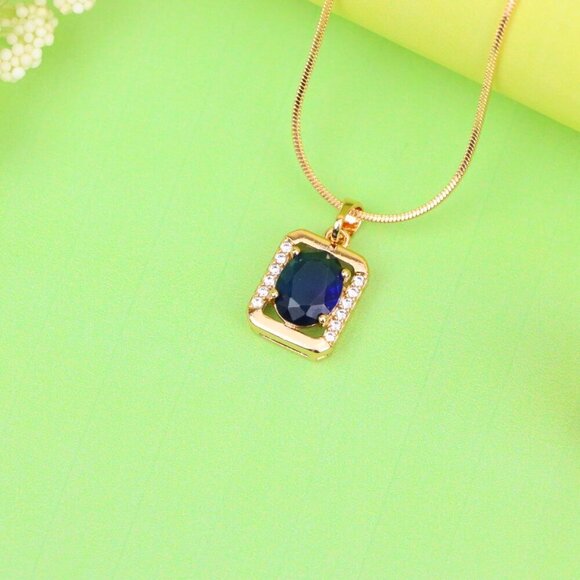 "Rose Gold Rectangle Pendant with Blue Stone and Crystal Accents, XPPT1276 - Picture 12 of 13